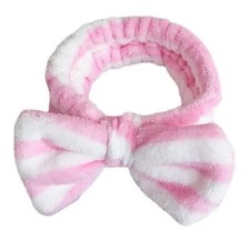 PLUSH Stripes Bow Soft Fleece Spa Hair Band Wrap Headband Make Up Bath Facial