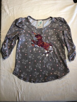 Lily Bleu girls long sleeve gray and pink unicorn flip shirt, size