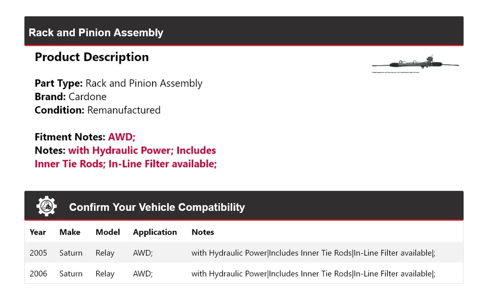 Montaje de piñón y bastidor para Saturn Relay 2005-2006 AWD Cardone Foto 2 de 4
