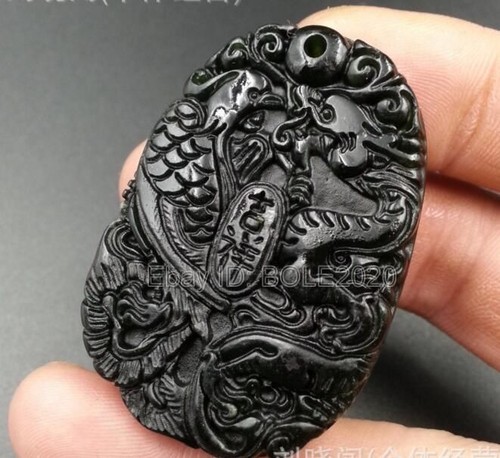 Natural Black Green Jade Carved Chinese Dragon Phoenix Pendant Necklace Jewelry - Picture 6 of 6