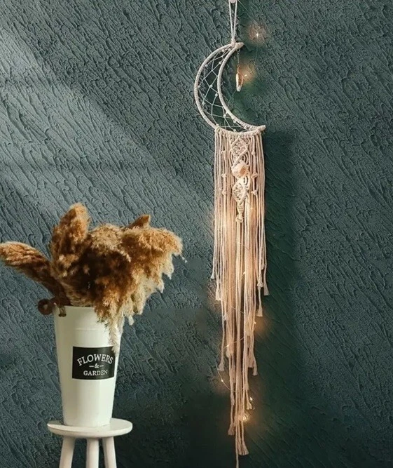 Nuevo Macramé Conjunto de Luna y Estrella Decoración de Pared con Luces Arte Boho Shabby Chic Foto 2 de 4