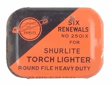 Vintage Shurlite Torch Lighter Tin Metal Box Orange Black 1" x 1 3/8" No. 250IX