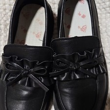Girls Black Slip-On Leather Loafer, Bow Ruffl...