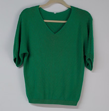 Womens Green Solid Knit Pullover Sweater V-Neck Short Sleeve Regular M