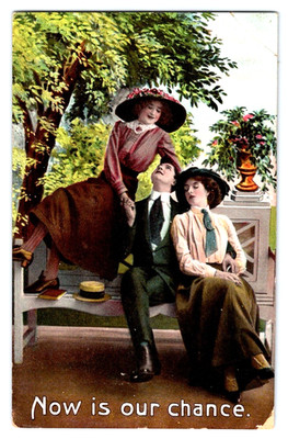 Now is Our Chance - Two Women One Man Bench - 1911 Antique Romance Postcard