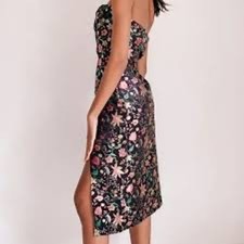 Lulus Make a Move Black Satin Floral Jacquard Strapless Midi Dress S valentines