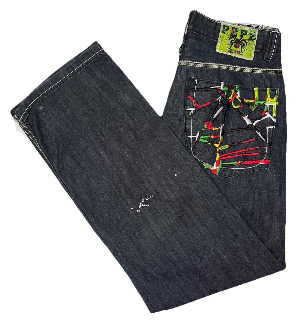 PEPE Denim Jeans Y2K 90s Grunge Men’s 32x30 Dark Wash Spider Embroidered RARE