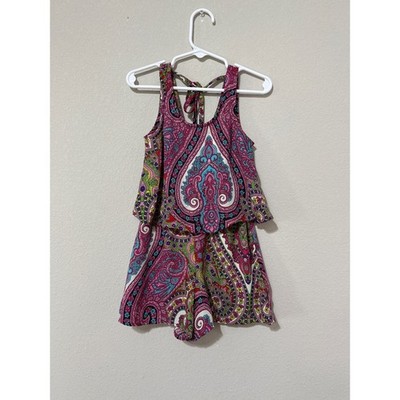 Truly Me Multicolored Bright Pink/Green Paisley Romper Girls Size 4 Preppy