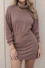 Brown Knit Striped Turtleneck Sweater Dress Long Sleeve Short Pullover Small