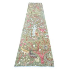2'7"x11'8" Green Hand Knotted Peshawar Birds of Paradise Design Wool Runner Rug