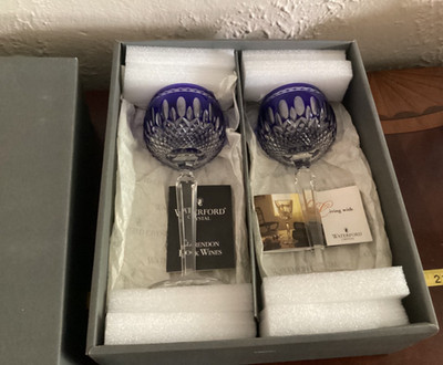 WATERFORD CLARENDON WINE (2 ea) COBALT BLUE CUT TO CLEAR GOBLETS.NIB. 12.