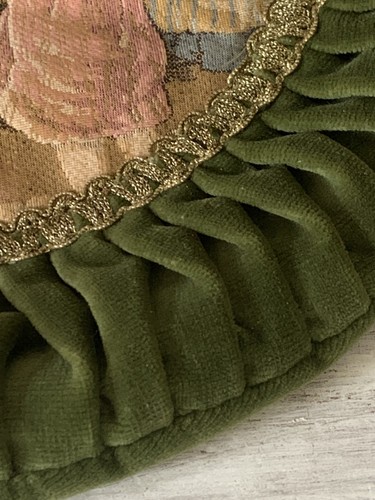 Vtg Round Brocade Tapestry Green Velvet Pintuck Throw Pillow Cover Only Germany - Picture 7 of 12