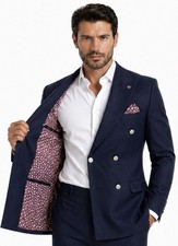 Luxury Mens Suit Blue Silver Buttons Extreme Stretch  Non Iron Slim Fit