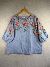 Kindred Anthropologie Blouse Womens 2X Blue Floral Embroidery Boho Cottagecore