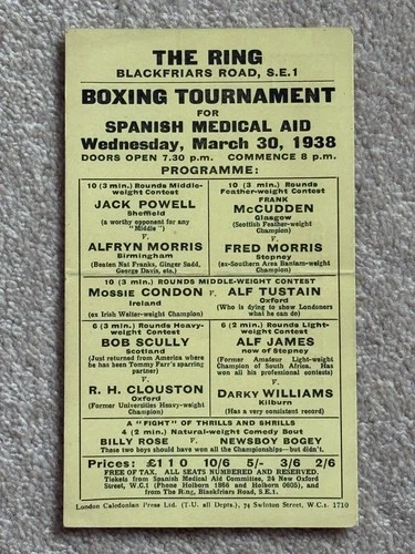 RARE PRE WAR BOXING PROGRAMME @ The Ring, Blackfriars Road London March 30 1938