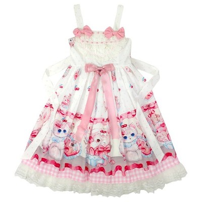 Kawaii Pink Kitty Print Lolita JSK Dress with Lace Hem Bow Sweet Short Sleeve