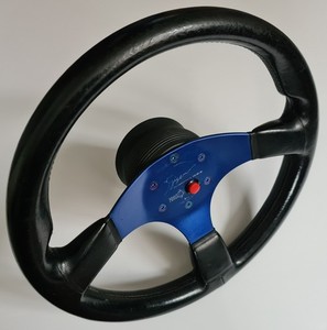 Retro 5Zigen N1 350mm Black Leather Steering Wheel Blue Spokes Honda JDM 01 - 69