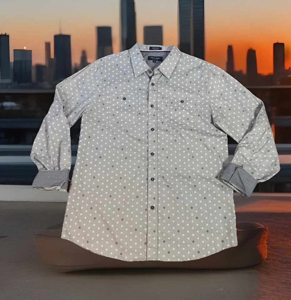 Geometric Print Gray Long Sleeve Button Up Collared Shirt Dad Office Business - Image 2 of 4