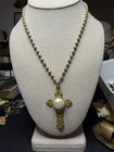 Vintage Miriam Haskell Large Cross Faux Pearls Pendant Gold Tone Necklace