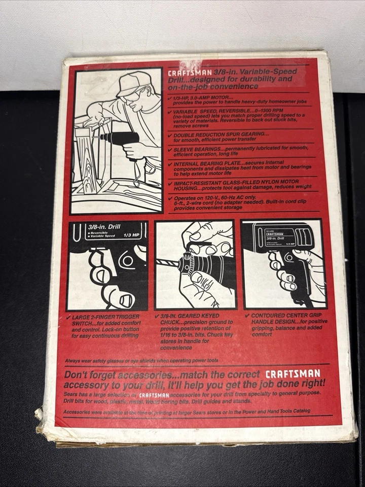 Broca vintage Sears Craftsman 3/8 polegadas com fio 1/3 HP 9-10172 sem chave com caixa e manual - Imagem 3 de 4