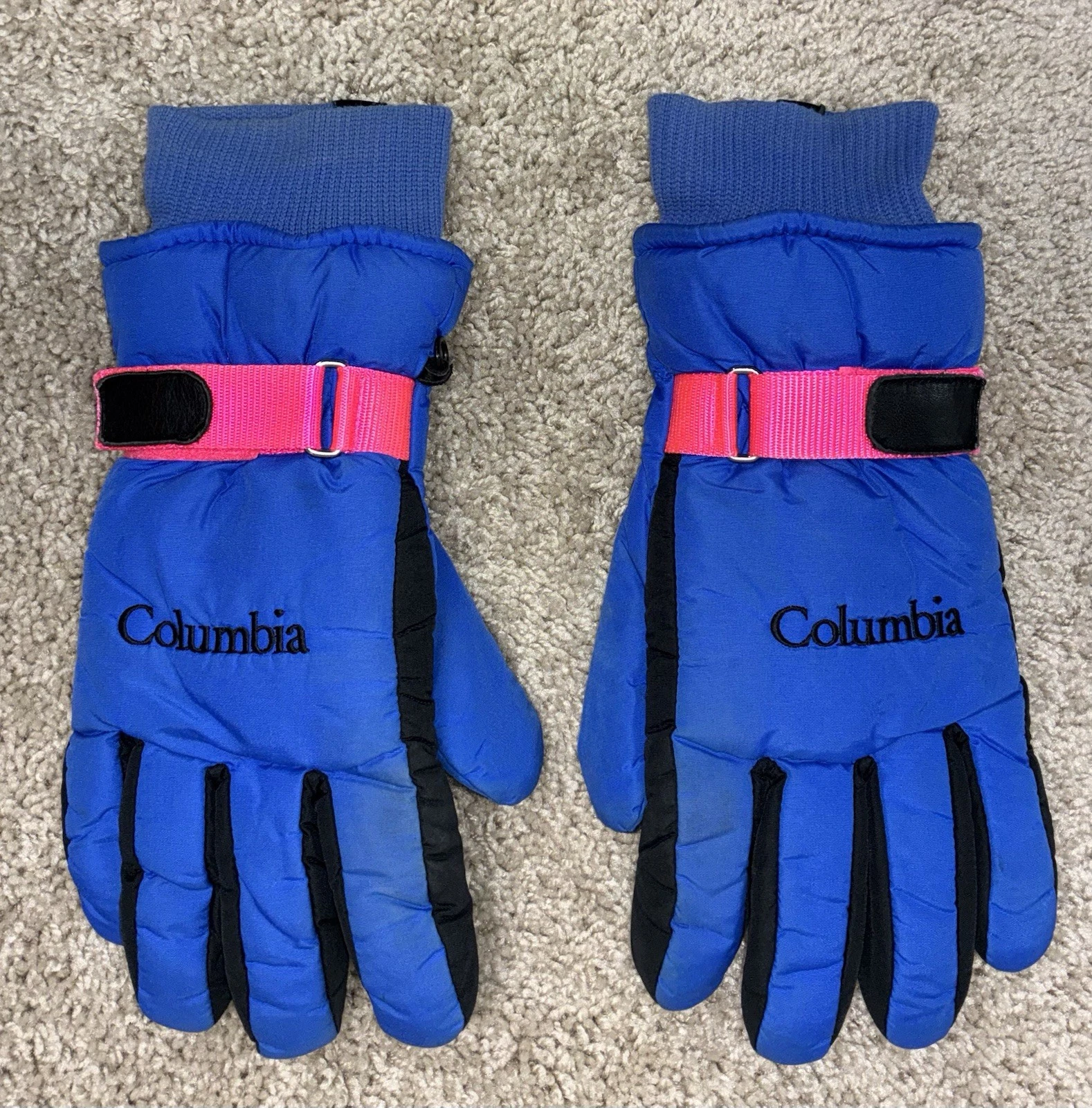 VTG Columbia Mens L Insulated Ski Gloves Blue Pink Leather Palm Korea SM 9040
