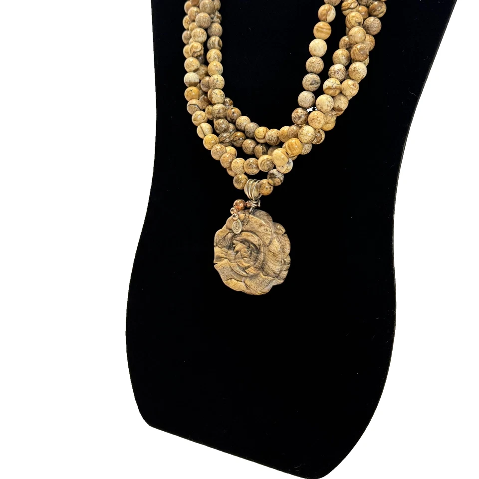 Multistrand Round Jasper Stone Bead Statement Necklace Carved Flower Pendant - Image 2 of 4