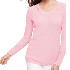 NWT Talbots Pima Cotton V-Neck Shaker Stitch Pullover Sweater Pink Size Large