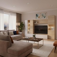 Entertainment Media TV Storage Unit - Oak & White with Glass & LED Lighting