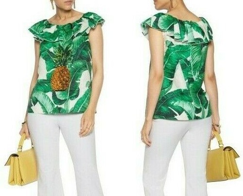 DOLCE & GABBANA Banana leaf sequinned pineapple brocade top  US XS-S/IT 38 $1900 - Picture 1 of 14