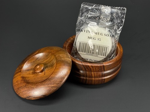 Vintage Wooden Shaving Mug & Badger Brush Soap Bowl with Lid Cover Shaving Soap - Picture 5 of 14