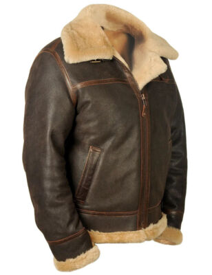 Mens B3 Brown Bomber Jacket Flight Pilot Aviator Sheepskin Real Leather Jacket