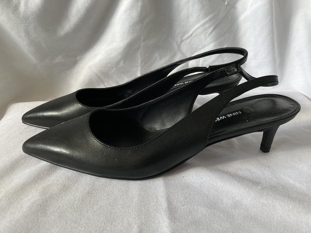 black leather slingback kitten heels