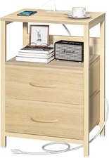 Nightstand with Charging Station, Small Night Stand with Fabric Drawers and Stor