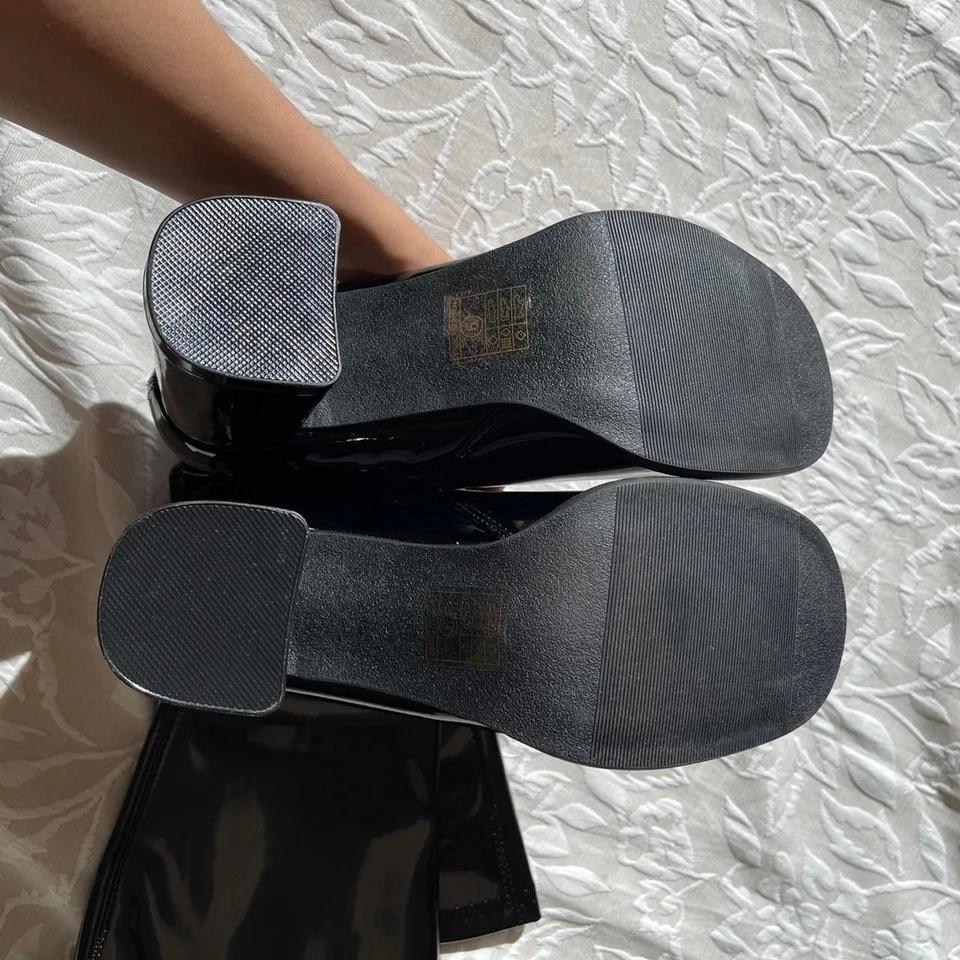 Botas hasta la rodilla Ellie negras charol retro Go-Go Mod plataforma cremallera tacón 9 nuevas sin caja Foto 4 de 4