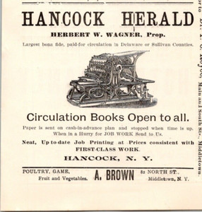 1900 HANCOCK HERALD HERBERT W WAGNER PROPRIETOR JOB PRINTING  WALTON NY