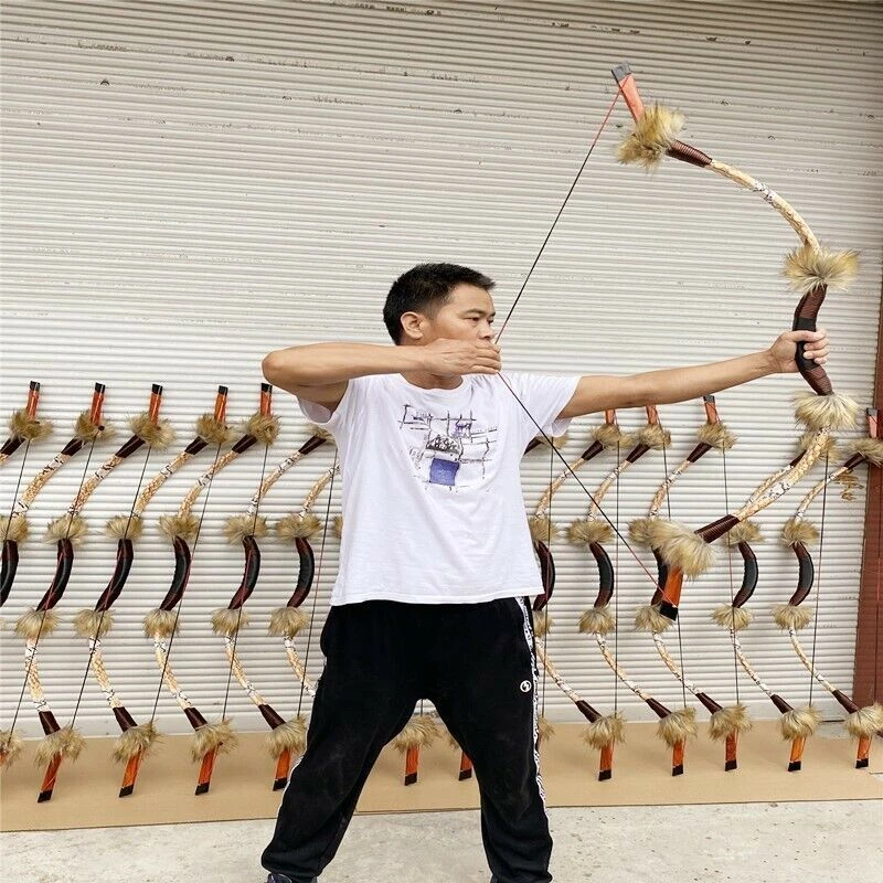 25-50lbs Traditional Recurve Bow Hunting Longbow Mongolian Bow Archery Shooting - Image 4 of 4