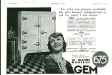 Publicité ancienne la glacière moderne Gem 1935 issue de magazine