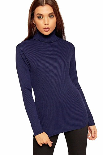 Women's Ladies High Polo Roll Neck Ribbed Jumper Sweater Top Plus Sizes - 第 31/49 張圖片