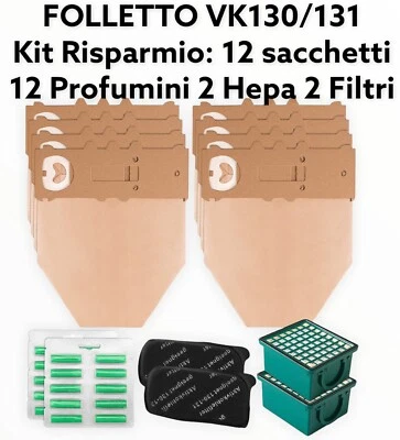 FOLLETTO VK130 VK131 KIT RISPARMIO: 12 SACCHETTI 12 PROFUMINI 2 HEPA 2 FILTRI CA