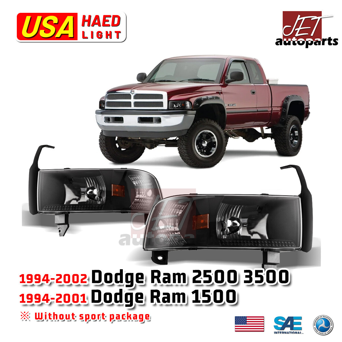 WOLFSTORM Headlight for 1994-2001 Dodge RAM 1500/2500/3500 and 2002 Dodge RAM 2500/3500, Headlight Assembly Replacement with LED Light Design