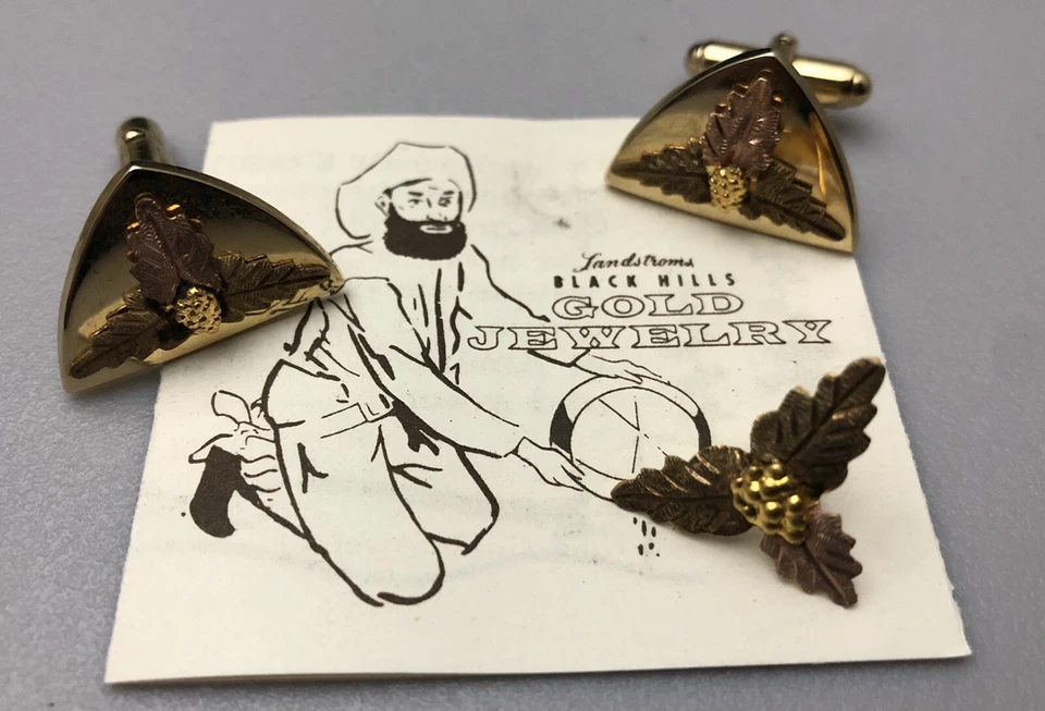 Vintage 12K Yellow & Rose Gold Black Hills Gold Cufflinks & Tie Tac Set W/ Box - Image 4 of 4