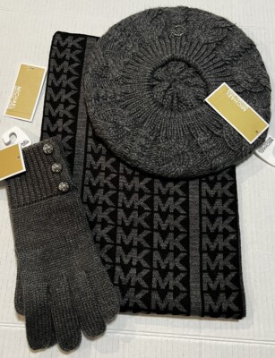 Michael Kors 3-Piece Set SCARF, HAT & GLOVES Black & Gray | eBay display picture 1
