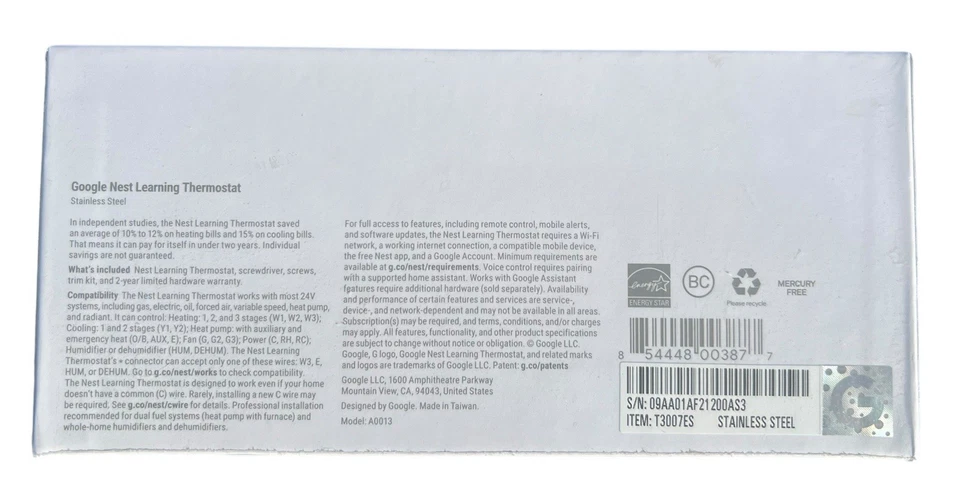 Google Nest Learning Thermostat - Stainless Steel - T3007ES New In Box - Image 3 of 4