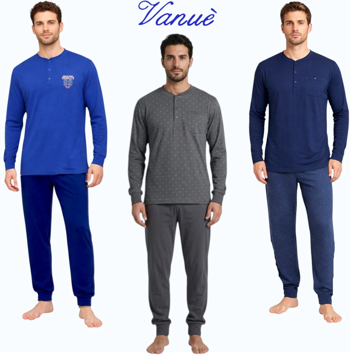 Pigiama Uomo Henry Terre: 2 Pezzi In Cotone Con Fantasia Diamanti, Manica Lunga, Taglie Forti M-3XL
