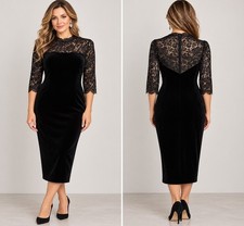 Eliza J Black Velvet Sheath Dress Lace Illusion Yoke 3/4 Sleeve Midi Size 16