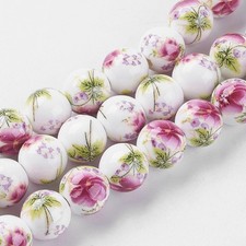 35pcs Handmade Flower Printed Porcelain Ceramic Beads Strands, 10mm Round Beads
