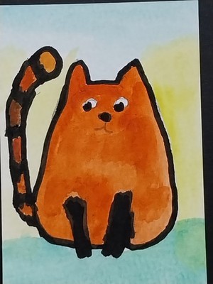 ACEO Whimsical Cat Landscape Original Painting Cute Orange Kitten Folk Art Card 