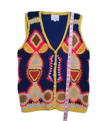 L Vintage Aware Crochet and Leather Sweater Vest. Hippy girl,Boho, flower power
