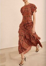 Women Ulla Johnson Round Neck Floral Short Sleeve A-line Midi Dress Size US 4