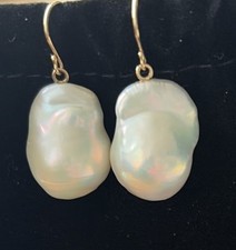 Jamie Joseph 14k Yellow Gold Hook Dangle Earrings w Large White Baroque Pearls